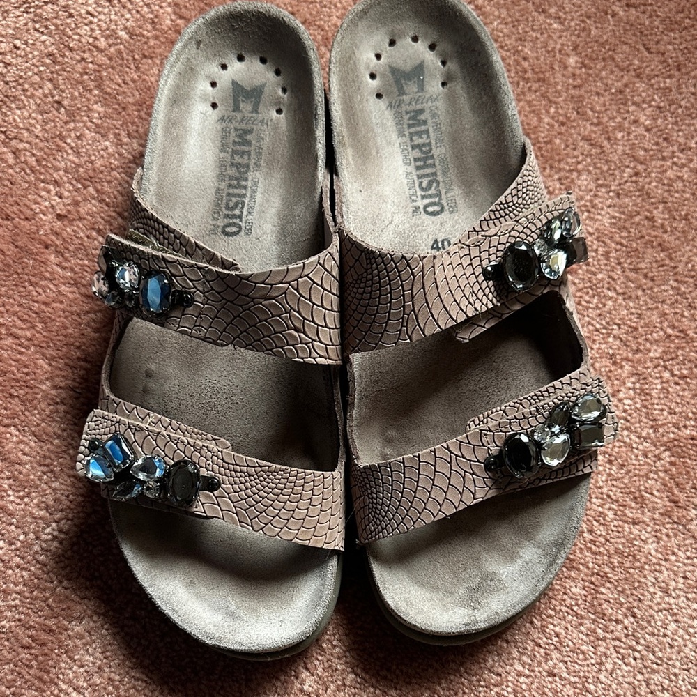 Women's MEPHISTO Hana Footbed Slides Sandals Black Croc Gems Rhinestones Jewels